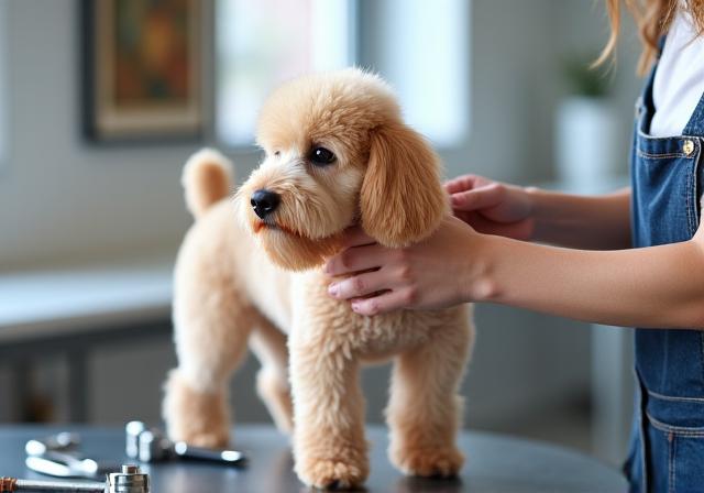 Dog groomer styling a poodle kit