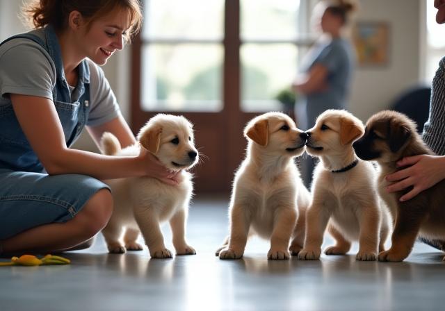 Trainer instructing a class of dogs and owners