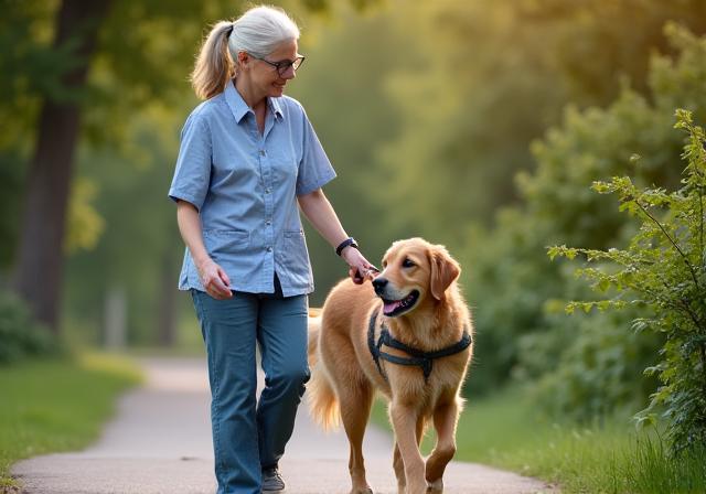Senior helper caring for elderly golden retriever with harness